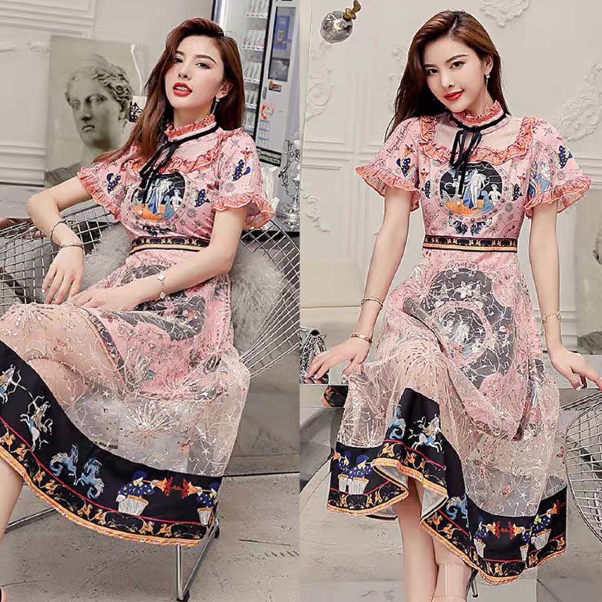 ĐẦM LỤA HỌA TIẾT PHỐI REN CAO CẤP D92